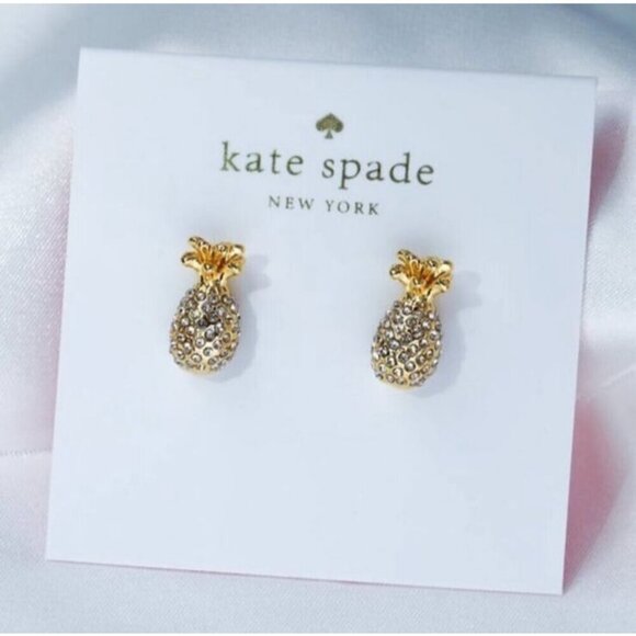 NWT Kate Spade By The Pool Pave Pineapple Stud Dainty Mini Earrings 14k Gold - Picture 1 of 7